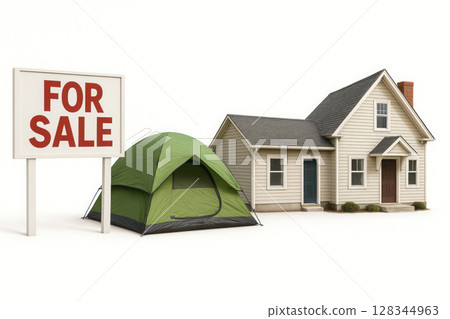 A tent next to the house with a For Sale sign in the background. A tent next to the house with a For Sale sign in the background. 128344963