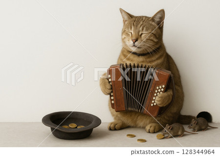 A cat with an accordion and mice collects coins. Space for text. 128344964