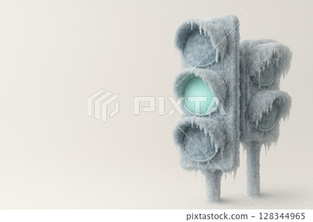 A frozen traffic light with a green signal. Space for text. 128344965