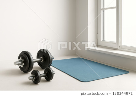 Home workout with dumbbells by a bright window. Space for text. Home workout with dumbbells by a bright window. Space for text. 128344971
