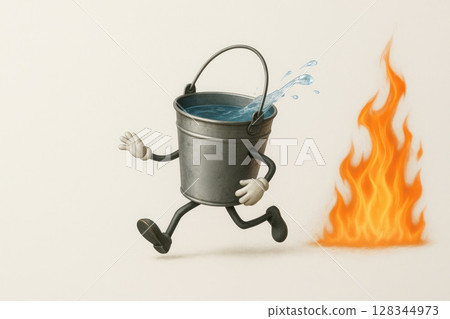 A revived bucket runs away from the fire, spilling water. Space for text. 128344973