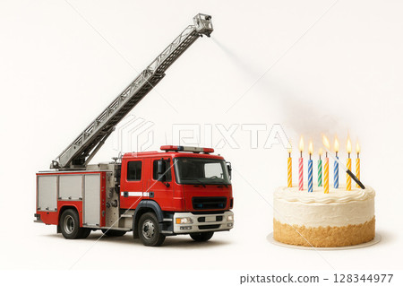 A fire truck extinguishes candles on a birthday cake. Space for text. 128344977