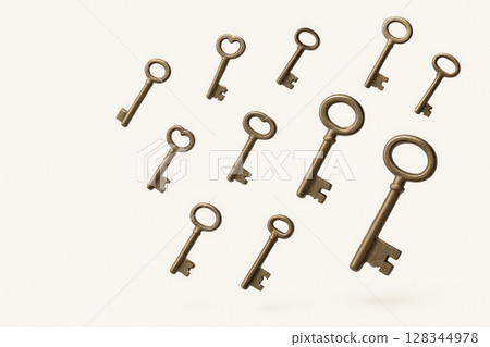 Antique bronze keys in the air, on a white background. Space for text. Antique bronze keys in the air, on a white background. Space for text. 128344978