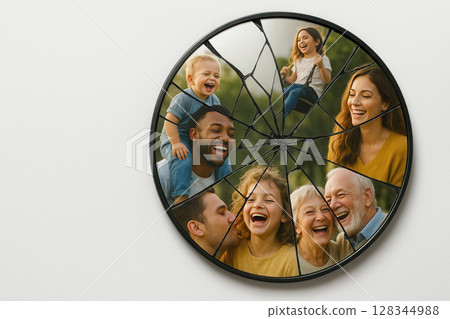 A broken mirror with images of a smiling family. Space for text. 128344988