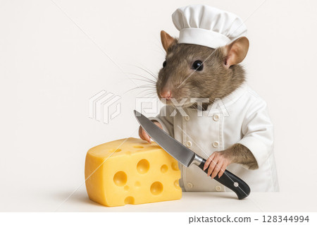 A rat in the shape of a chef cuts cheese with a knife. Space for text. 128344994