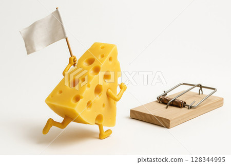 Cheese with arms and legs running away from a mousetrap with a flag. Space for text. Cheese with arms and legs running away from a mousetrap with a flag. Space for text. 128344995