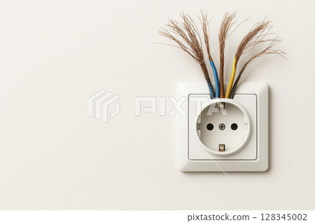Broken electrical wires stick out of the socket. Space for text. 128345002