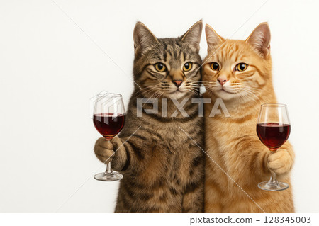 Two cats holding glasses of wine. Space for text. 128345003