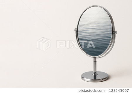 A mirror with water ripples, distorting the reflection. Space for text. 128345007