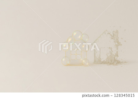 Fragile soap houses are on the verge of collapse. Space for text. 128345015