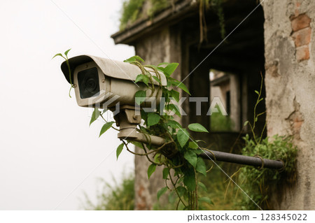 A time-overgrown surveillance camera on the facade of the building. Space for text. 128345022