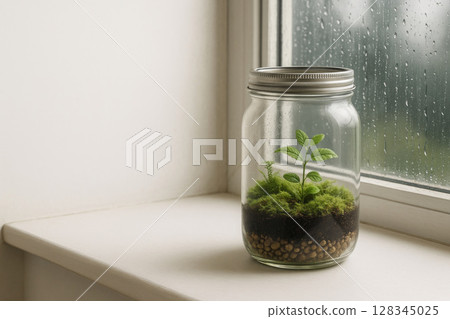 Terrarium in a jar by a rainy window. Space for text. Terrarium in a jar by a rainy window. Space for text. 128345025