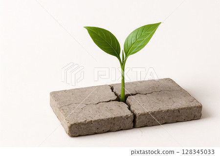 A green sprout breaks through the concrete slabs. Space for text. 128345033