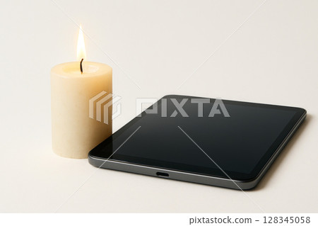 Candle and tablet on a light background. Space for text. 128345058