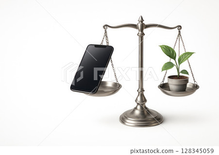 Scales with a phone and a plant, technology against nature. Space for text. 128345059