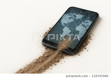 A broken phone and a trailing plume of earth. Space for text. 128345066