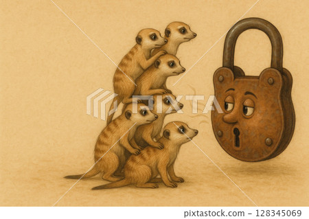 The Myrcats build a pyramid to look into the castle. Space for text. 128345069