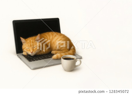 A ginger cat sleeps on a laptop with a mug next to him. Space for text. 128345072