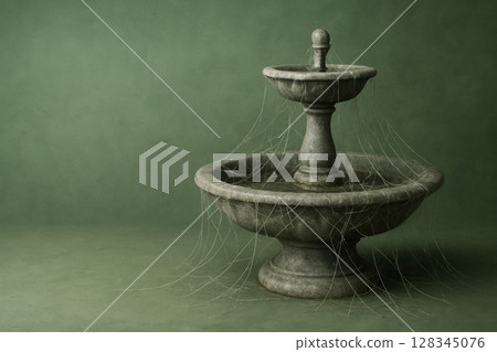 A stone fountain from which spider web threads flow. Space for text. A stone fountain from which spider web threads flow. Space for text. 128345076