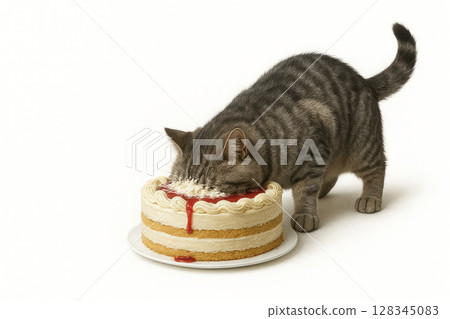 A striped cat eats a cake with cream and jam. Space for text. 128345083