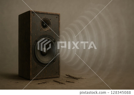 An old speaker creates sound waves. Space for text. An old speaker creates sound waves. Space for text. 128345088