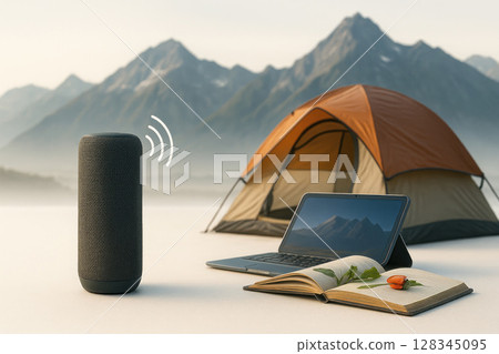 Modern technology in camping with the mountains in the background. 128345095