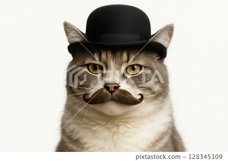 A cat with a mustache and a hat poses on a light background. A cat with a mustache and a hat poses on a light background. 128345109