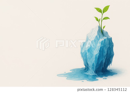 A green sprout sprouts from a melting iceberg. Space for text. 128345112