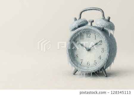 An alarm clock frozen in ice against the background of emptiness. Space for text. An alarm clock frozen in ice against the background of emptiness. Space for text. 128345113