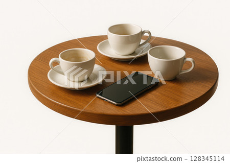 Coffee cups and smartphone on wooden table. Space for text. 128345114