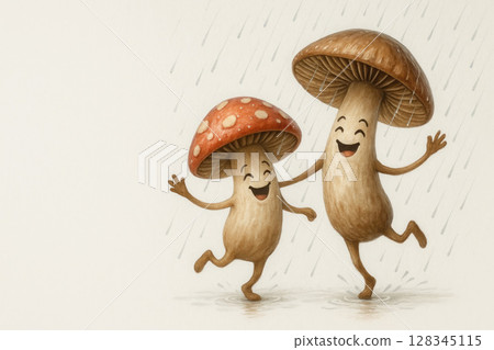 Two smiling mushrooms dancing in the rain. Space for text. Two smiling mushrooms dancing in the rain. Space for text. 128345115