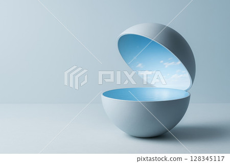 A sphere with sky and water inside is like a window to the world. Space for text. A sphere with sky and water inside is like a window to the world. Space for text. 128345117
