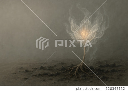 A glowing flower that grew in the ashen desert. Space for text. 128345132