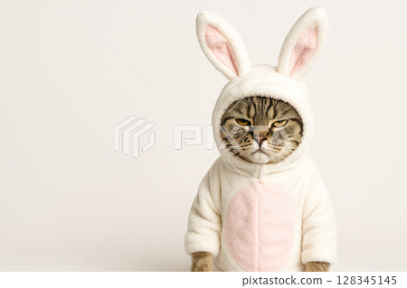 The cat is dressed up as an Easter bunny. Space for text. The cat is dressed up as an Easter bunny. Space for text. 128345145