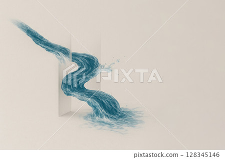 A stream of water breaks through the paper. Space for text. 128345146