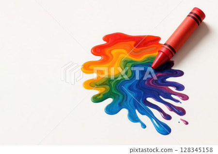 A colored rainbow flows out of a red pencil. Space for text. 128345158