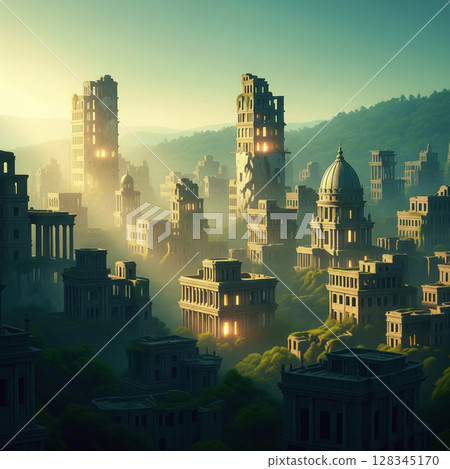 An abandoned city with rays of light at dawn. 128345170