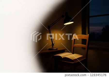 A quiet evening, a lamp, a chair and an open book. Space for text. 128345176