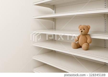 A lonely bear cub on empty shelves. Space for text. 128345189