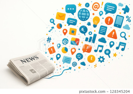 The newspaper explodes and turns into a digital stream of symbols. The newspaper explodes and turns into a digital stream of symbols. 128345204