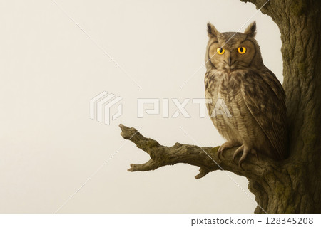 An owl on an oak branch in the silence of the night. Space for text. 128345208