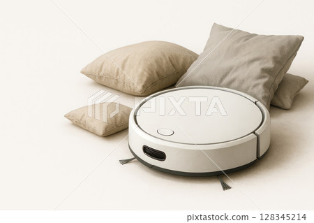 Robot vacuum cleaner among the pillows in the room. Space for text. 128345214