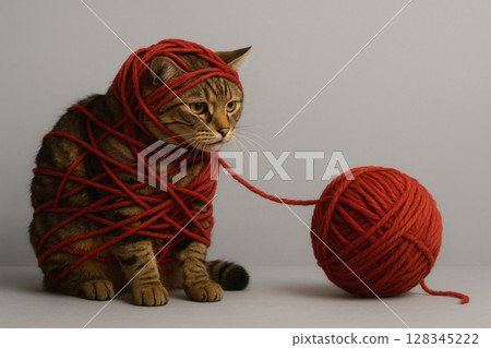 A cat entangled in red yarn. 128345222