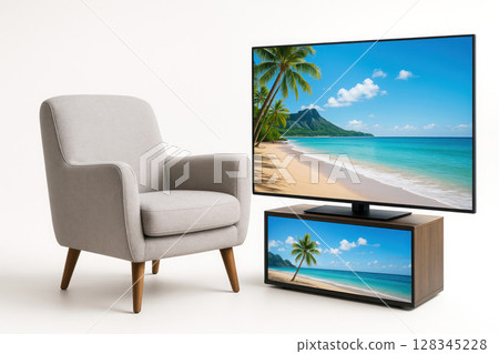 A cozy armchair and a TV with a cabinet showing the beach. 128345228