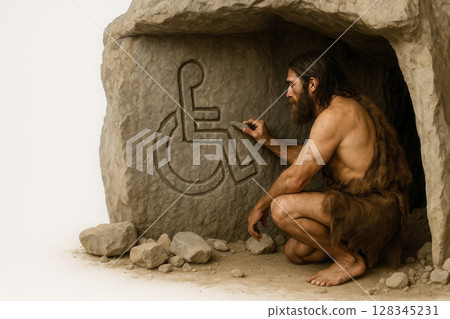 Primitive man carved a disability sign in a cave. 128345231