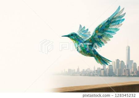 Flying between buildings in the cityscape. Space for text. 128345232