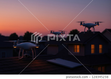 Drones on the roofs of houses against the background of the sunset. Space for text. Drones on the roofs of houses against the background of the sunset. Space for text. 128345238