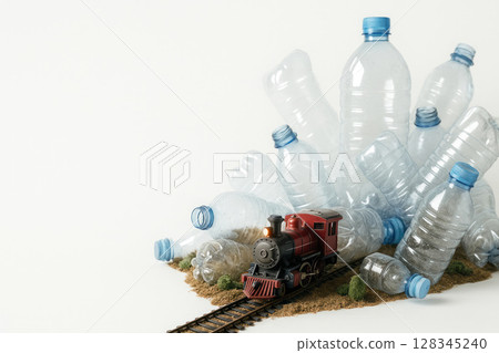 A toy train makes its way through a rubble of plastic bottles. Space for text. 128345240