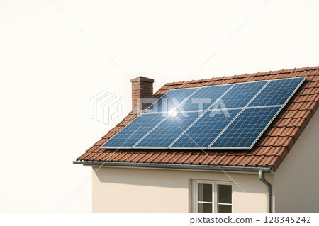 Solar panels on the roof of a cozy house. Space for text. 128345242