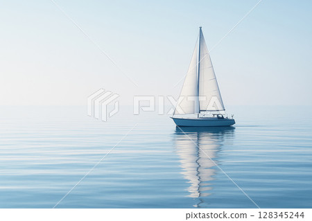 The yacht sails on the serene surface of the azure sea. Space for text. 128345244